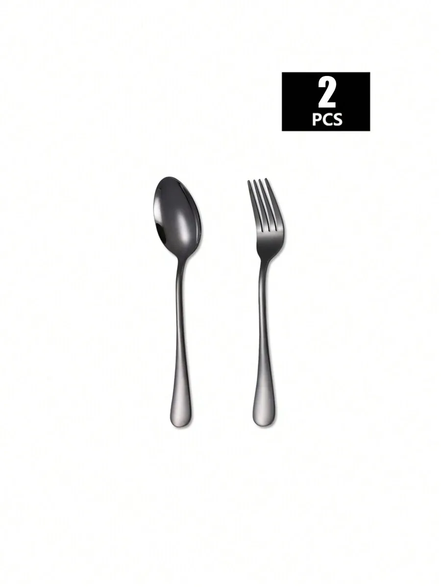 Juego de tenedor y cuchara de acero inoxidable, ideal para cocinas domésticas. MDUG (2 piezas, negro)