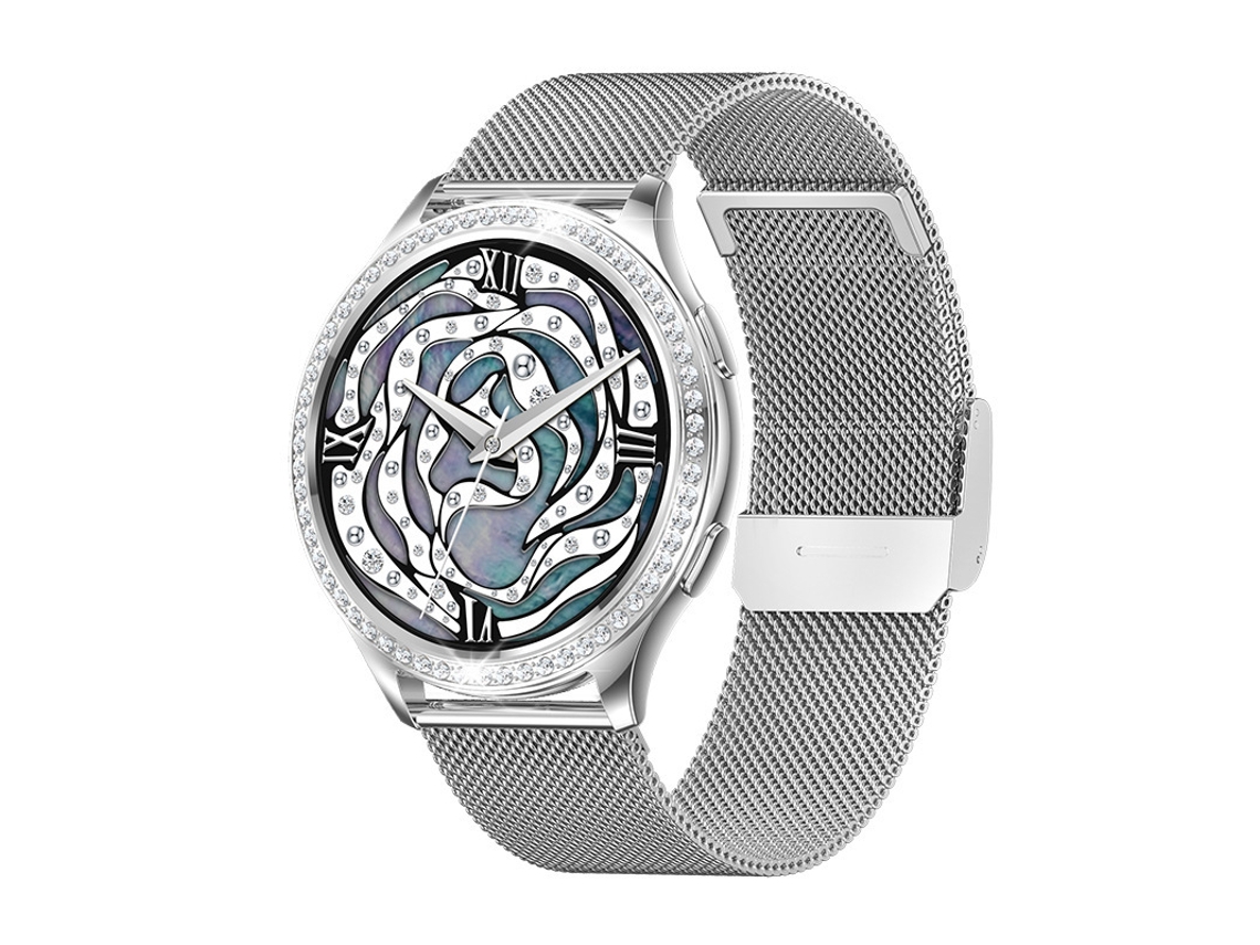 Reloj inteligente para mujer, compatible con teléfonos Android e iOS, con llamadas, monitor de frecuencia cardíaca y presión arterial, más de 100 modos, color plateado.