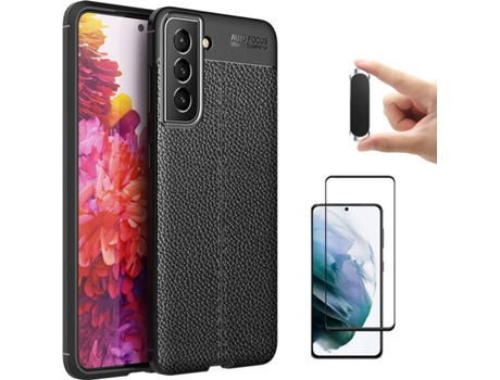 Funda + Protector de Pantalla + Soporte Magnético Samsung S21 FE Rugged Leather Negro