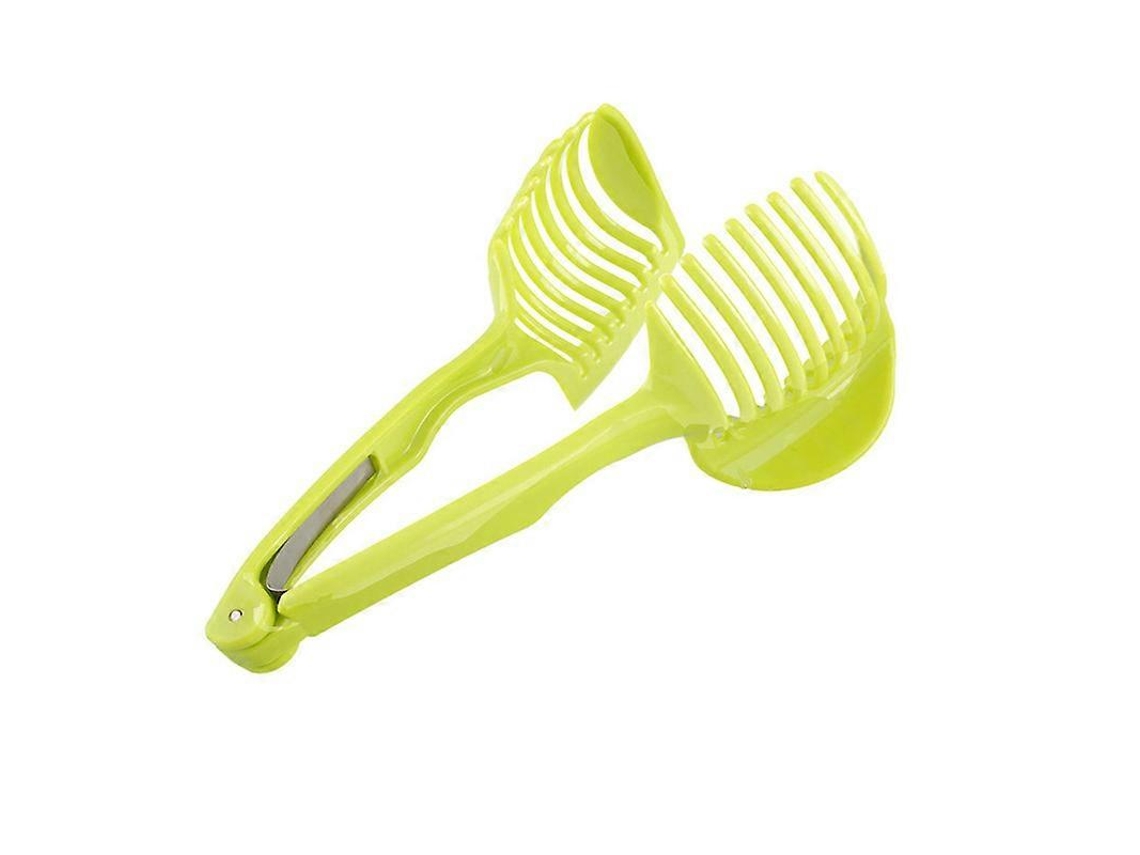 (verde) Cortador multifuncional para limones, tomates, melones y otras frutas con mango largo y pinzas para alimentos.