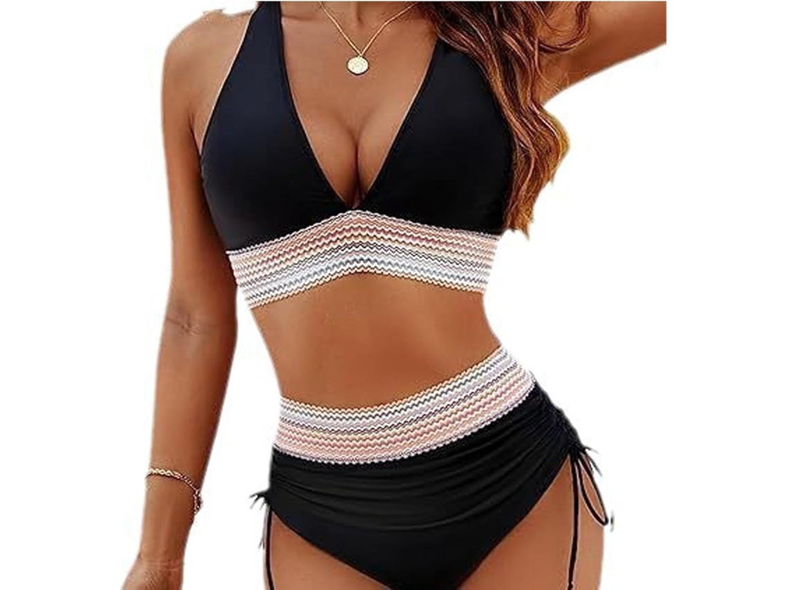 Traje De Baño De Mujer De Talle Alto Con Efecto Push-up, Escote En V Y Cordón Ajustable.