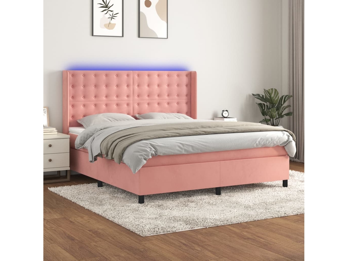 Cama Box Spring Colchón Y Led Terciopelo Rosa 160x200 Cm