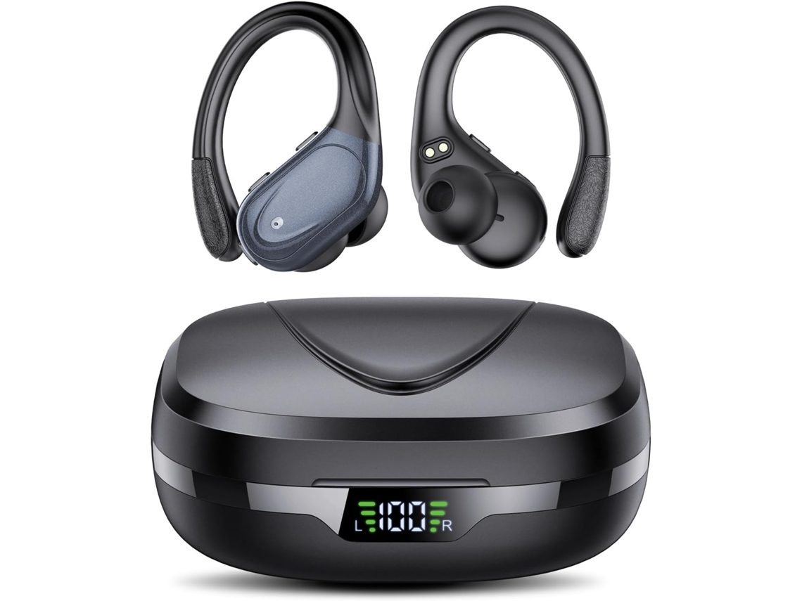 Auriculares deportivos negros con gancho, Bluetooth 5.3, 60 Hz, 4 micrófonos, clasificación IPX7, graves profundos ZYBLSSBB