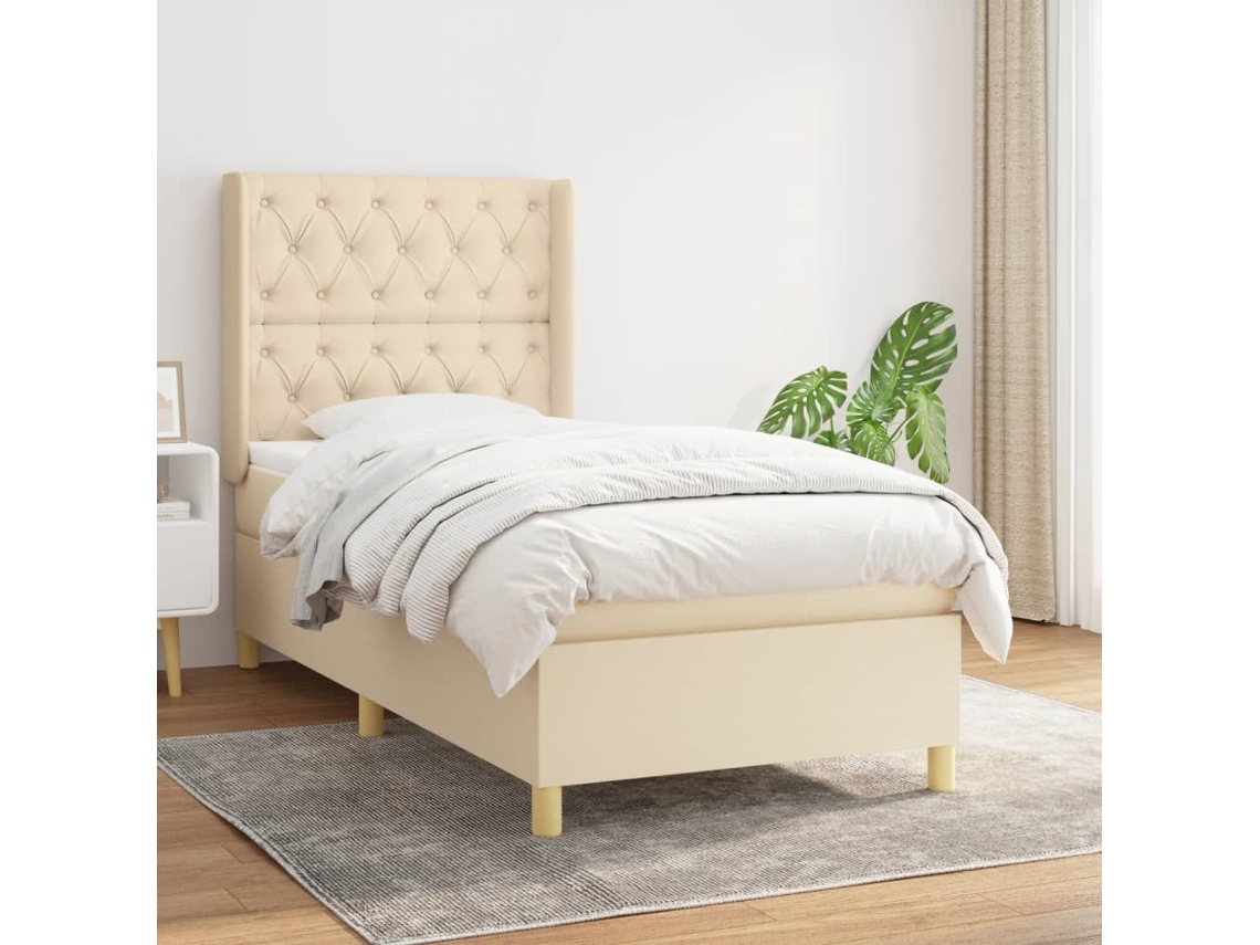 Cama Box Spring Con Colchón Tela Color Crema 80x200 Cm