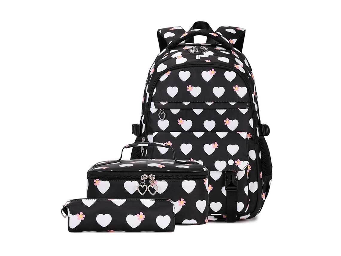Mochila escolar con estampado de corazones, conjunto de tres piezas, gran capacidad, negra