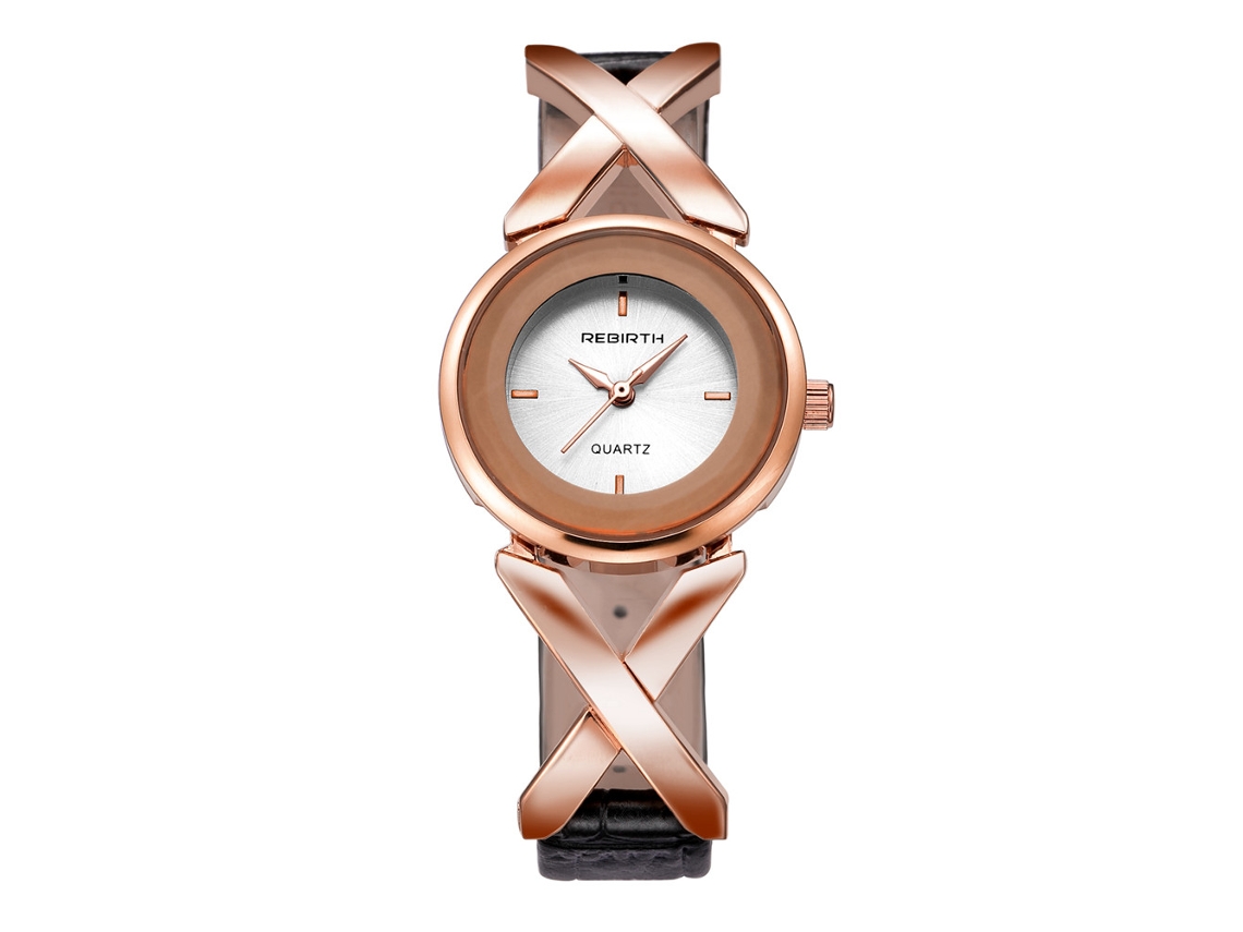 Reloj De Pulsera De Cuarzo Para Mujer Rebirth Con Correa De Piel Sintética, Elegante Estilo Oro Rosa.
