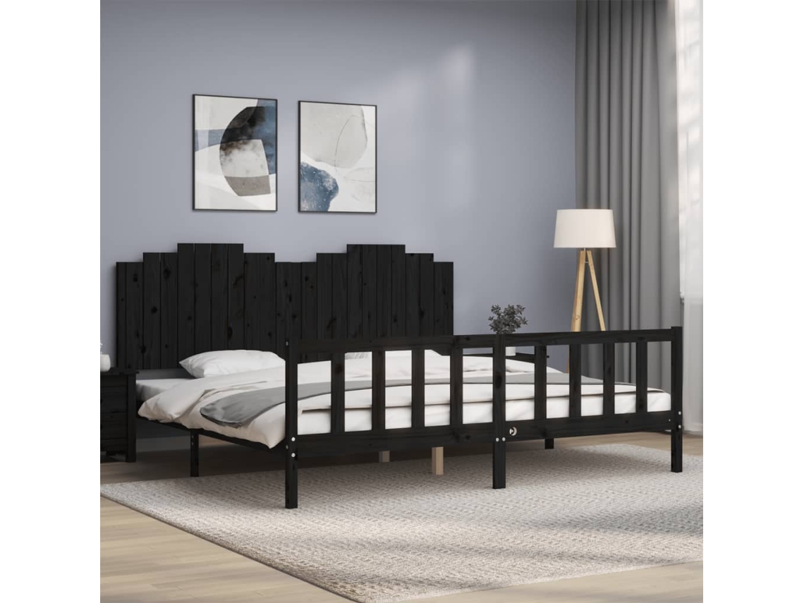 Estructura De Cama Con Cabecero Madera Maciza Negro 200x200 Cm