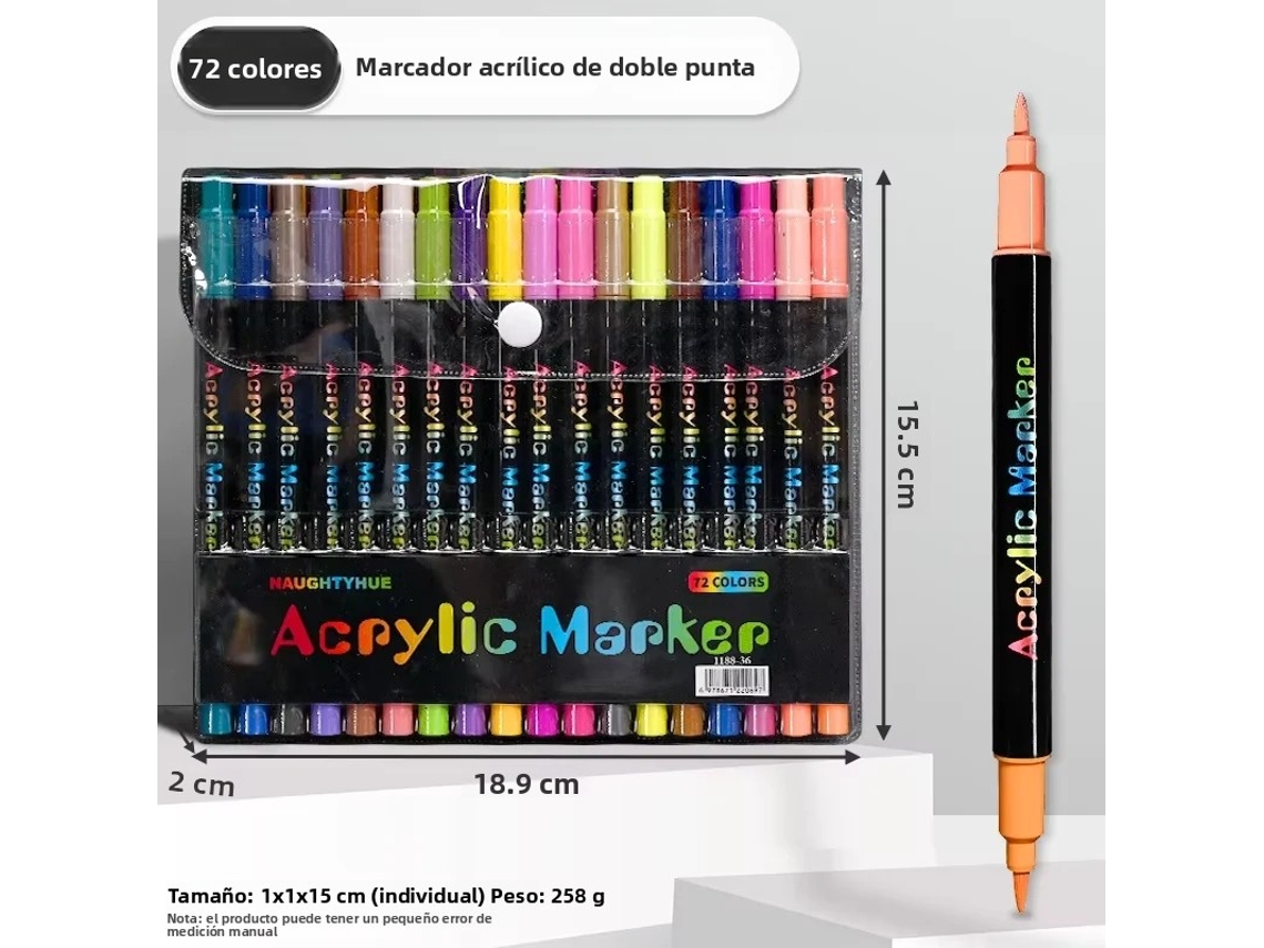 Rotuladores de pintura acrílica (72 colores), un extremo con punta fina y el otro con punta de pincel.