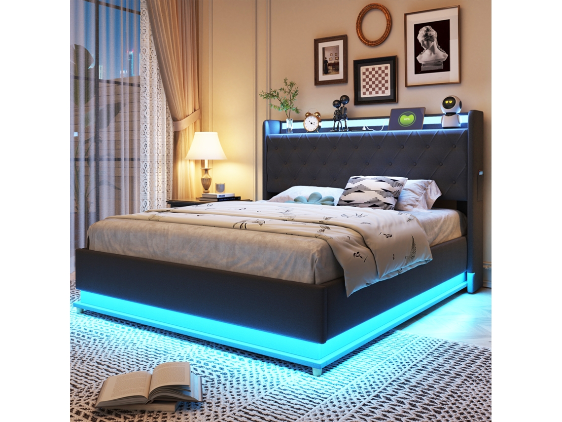 Cama Tapizada De 140x200 Cm Con Led, Usb, Compartimento De Almacenamiento Hidráulico Y Tejido De Lino Gris.