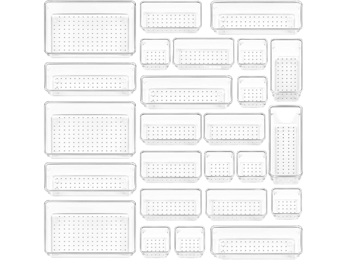 Juego de 25 cajas organizadoras transparentes para armarios, despensas y cómodas, en 4 tamaños. Gokoco