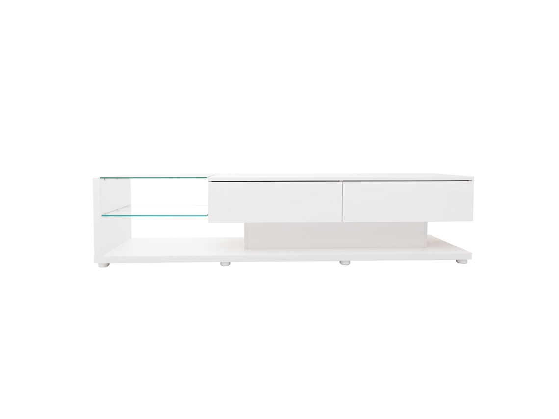 Mueble de TV de 170 cm con pantalla LED y cristal, 2 cajones, blanco Mobrio
