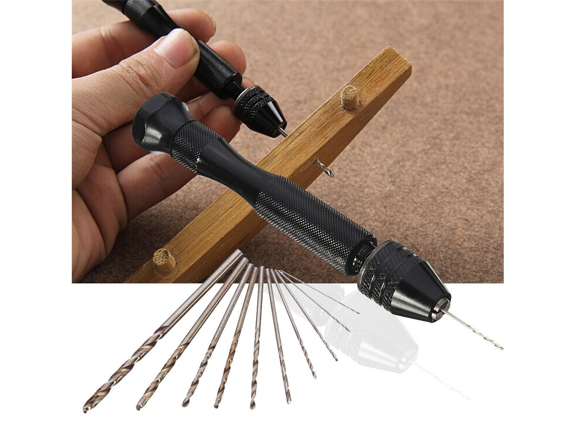 Mini taladro de mano de aluminio con portabrocas sin llave y 10 brocas helicoidales, acero.