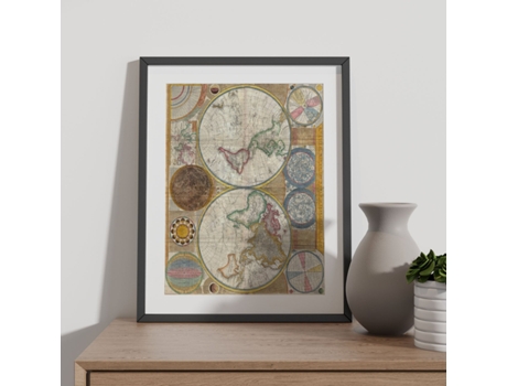 NACNIC Pósters Geográficos En Vintage Mapamundi En Hemisferios De 1794 Ilustraciones De Antiguos Mapamundis En Tonos Sepia Tamaño A3 Con Marco Blan...