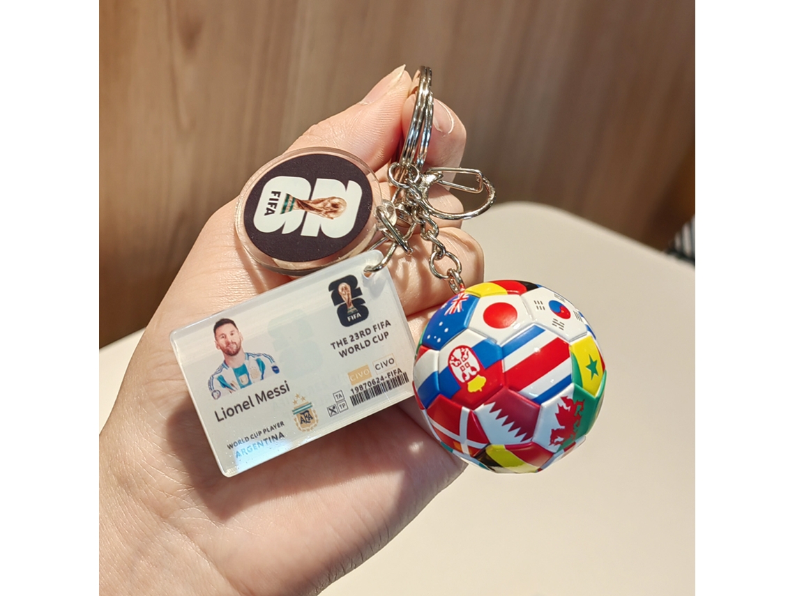 Llavero Acrílico Messi Argentina Copa Mundial, Tarjeta Jugador + Colgante Trofeo + Balón Banderas Selecciones, Recuerdo Coleccionable