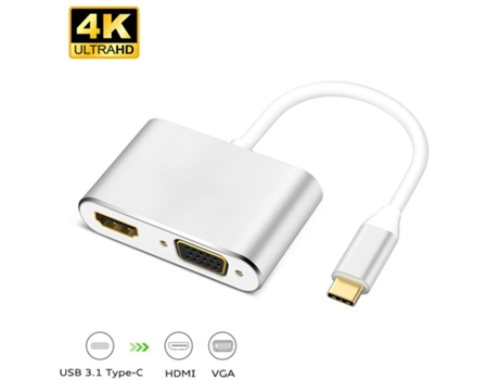 Adaptador USB 3.1 tipo C a HDMI VGA 2 en 1 VGA HDMI 4K UHD Adaptador de pantalla dual Plata