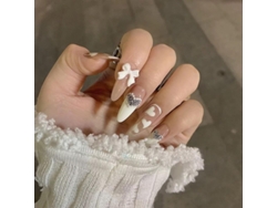 Uñas Postizas Artificiales Diy Con Lazo Blanco Melocotón, Removibles, Elegantes Para La Decoración De Uñas.