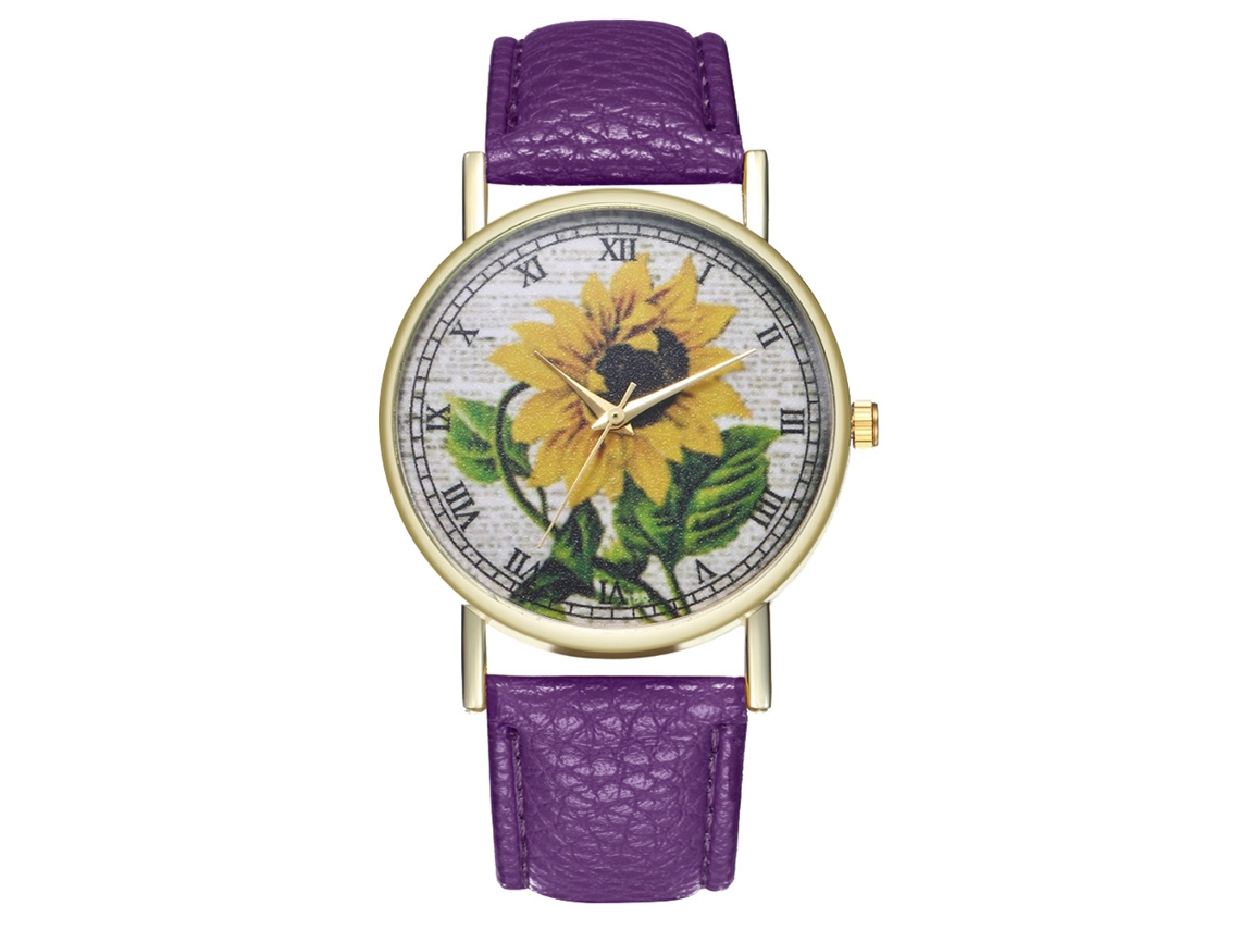 Reloj De Pulsera Unisex Zhoulianfa Con Estampado De Girasoles Y Números Romanos, Correa De Piel Sintética Morada.