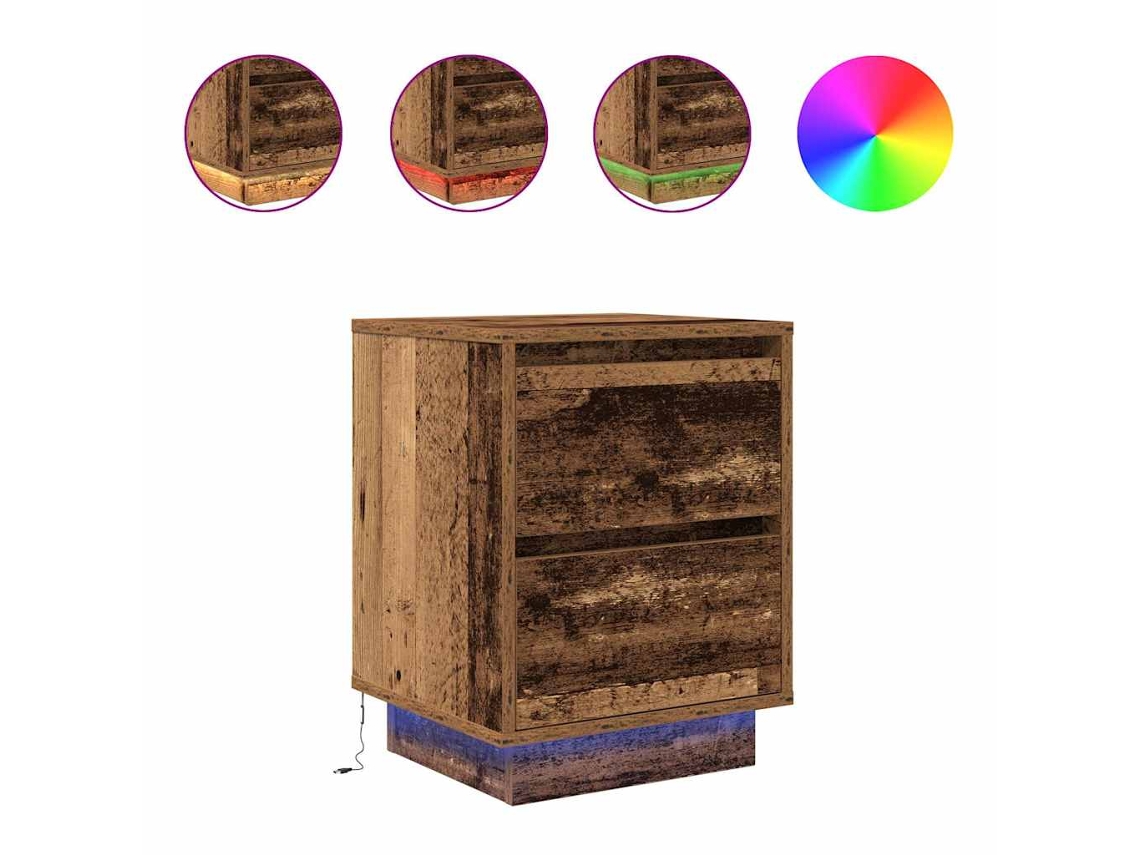 Mesita de noche con luces LED, madera antigua, MAISON EXCLUSIVE (38x34x50 cm)