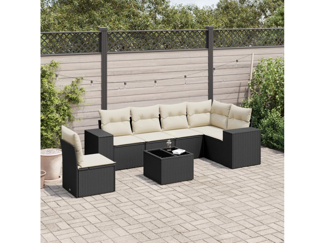 Conjunto de sofá de jardín de 7 piezas con cojines, ratán negro, Dkd Home Decor