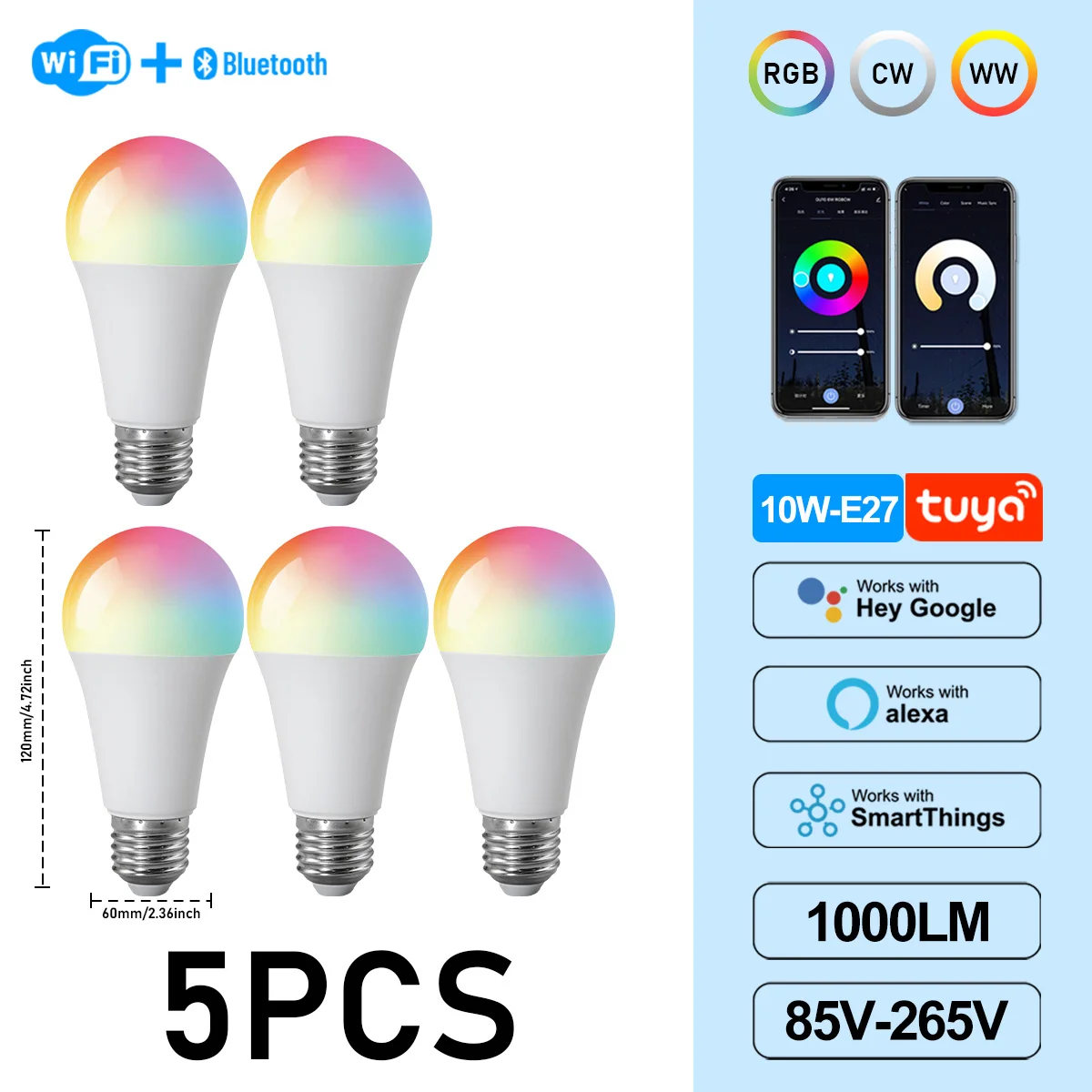 (5 Unidades, Ac85-265v) Portalámparas Graffiti E27, Bombilla Led Inteligente Regulable Con Wifi, Control Por Aplicación.