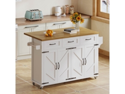 Isla De Cocina Con Encimera Plegable, 5 Ruedas, 4 Puertas, 3 Cajones, Estilo Rústico, Blanca, 140x70x91cm