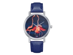 Reloj De Pulsera De Moda Para Mujer Con Estampado Animal Y Correa De Cuero Azul.