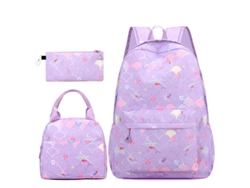 Mochila escolar de tres piezas para niñas, diseño de sirena morada
