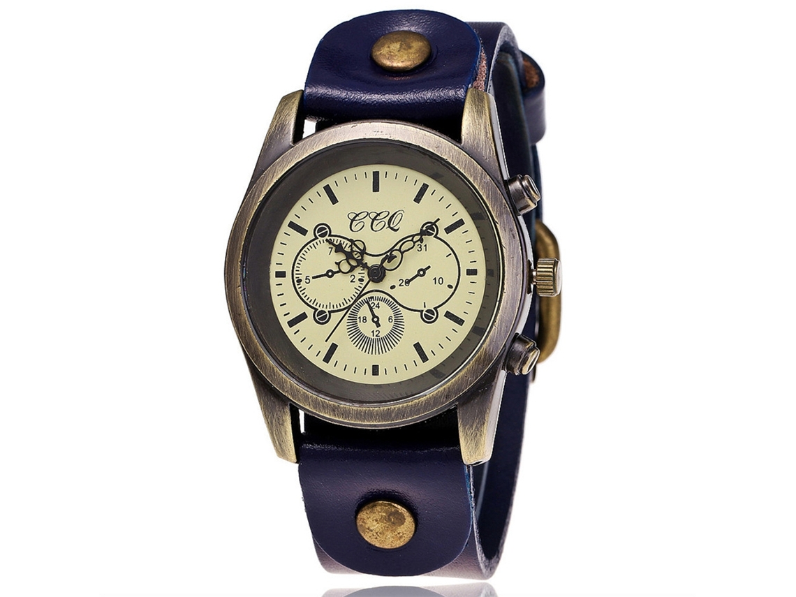 Reloj De Cuero Pu Redondo De Moda Retro Bronce Unisex Quartz (azul)