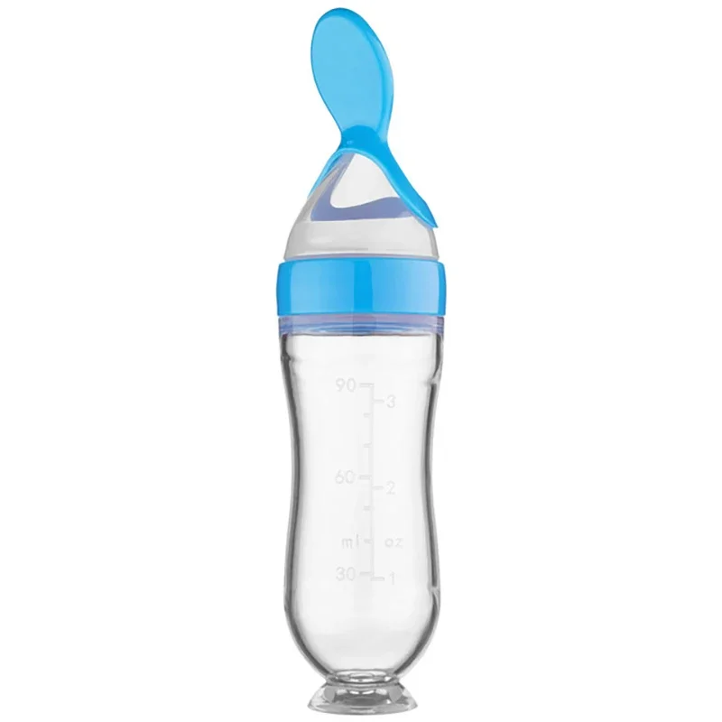 Biberón De Silicona Azul Para Recién Nacidos Con Cuchara Para Comida, Vajilla Segura Para Niños