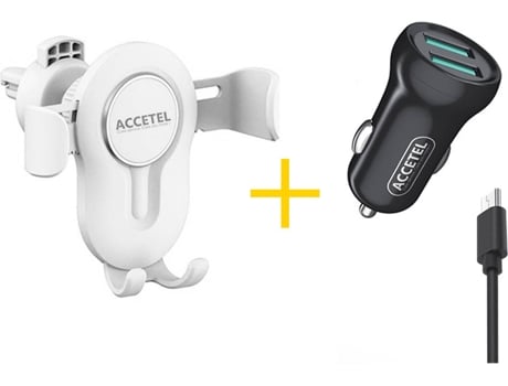 Kit Cargador Auto para Alcatel 1S 2019 ACCETEL SP118 (2.4A - Micro-USB - Blanco y Negro)