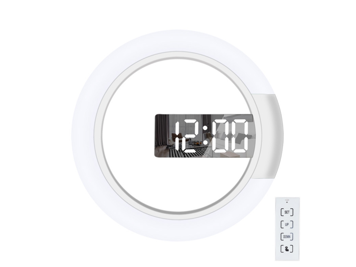 JILLIOPER Reloj de Pared LED Creativo con Control Remoto Reloj Digital con Espejo Hueco y Temperatura