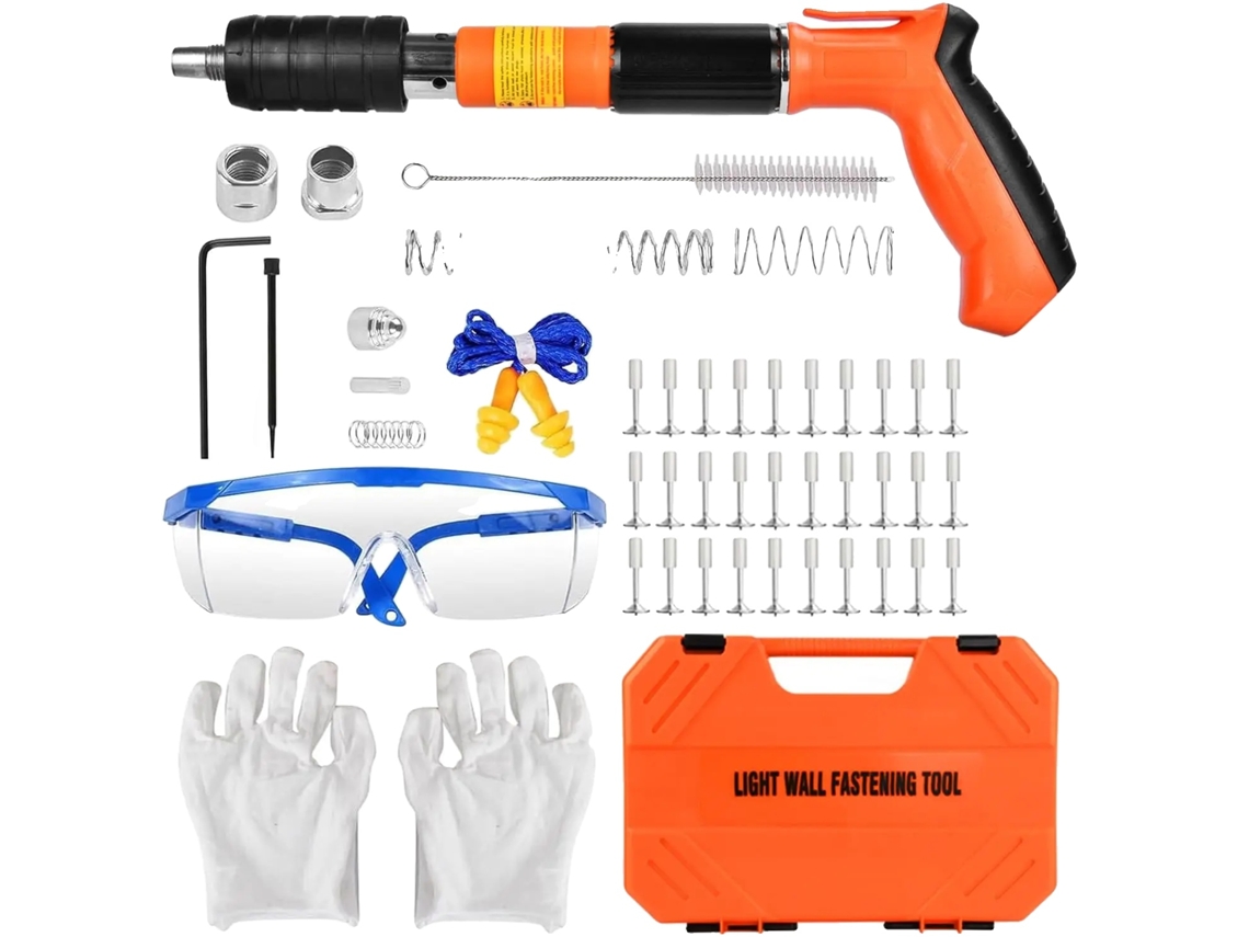 Remachadora manual, diseño compacto, fijación eficiente, color naranja + 220 clavos