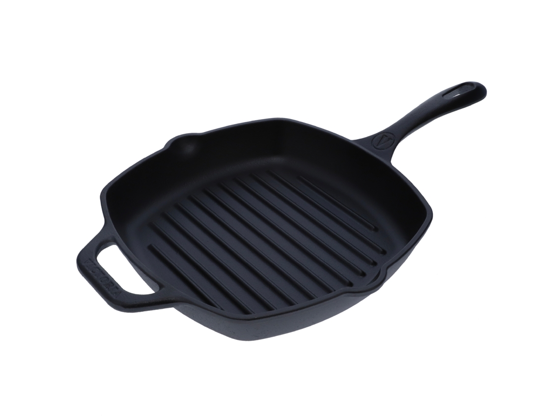 Sartén Grill Hierro Fundido Curado Inducción 25x25cm, Apta Fuego, Barbacoa, Cast Iron Skillet, Vic-38571, Victoria