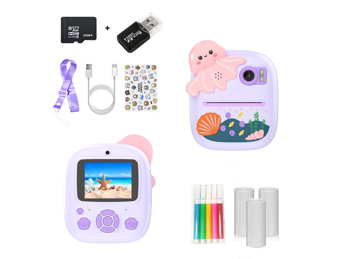 Cámara instantánea Gertiz para niños, 48000 W, doble cámara, impresión térmica, tarjeta de 32 g, color morado