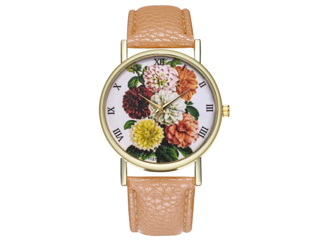 Reloj De Pulsera Analógico De Cuarzo Para Mujer Con Correa De Pu Con Estampado Floral Beige.