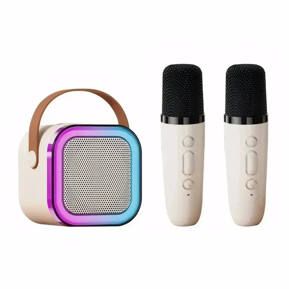 (Blanco, Dos Micrófonos Inalámbricos) Altavoz Bluetooth, Ideal para Fiestas, con Luces LED y Sonido Estéreo Hi-Fi.