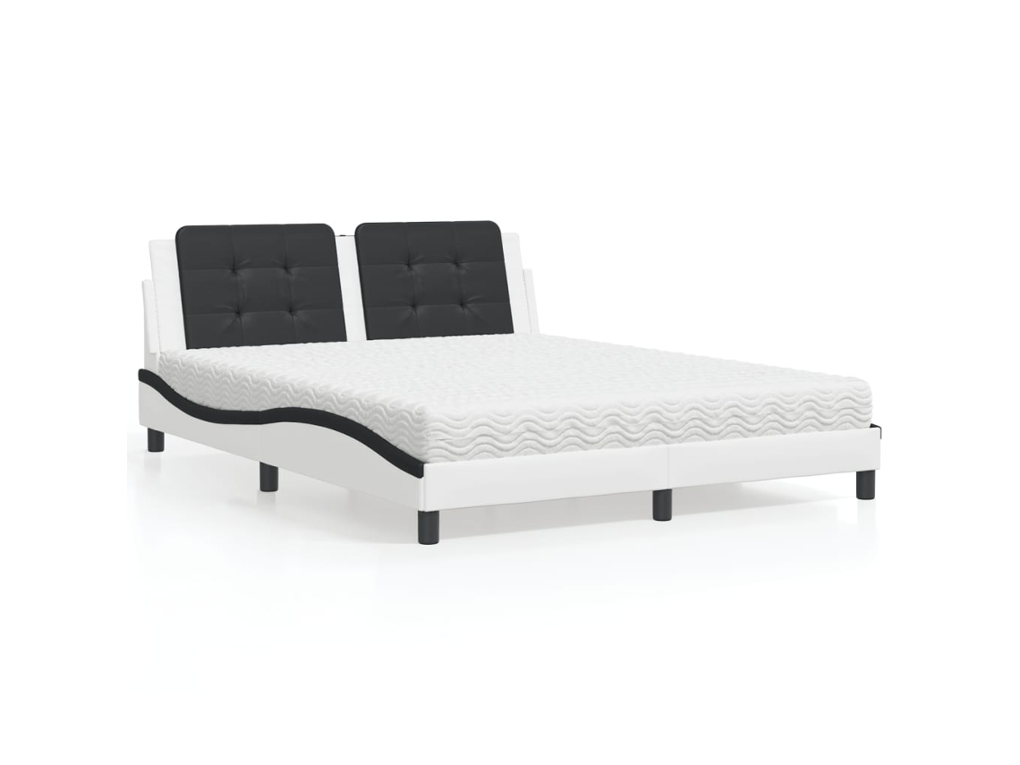 Cama Con Colchón Cuero Sintético Blanco Y Negro 160x200 Cm