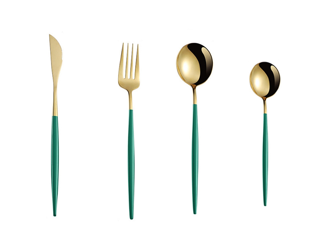 Juego De Cubiertos Occidentales: Cuchillo, Tenedor Y Cuchara - Oro Verde Oscuro JEIIBRZUI