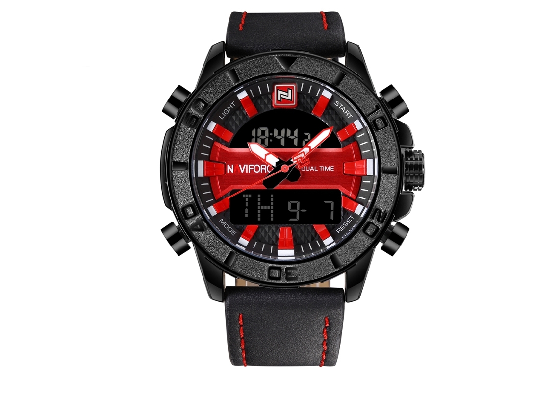 Reloj De Moda Impermeable Para Hombre Naviforce Con Correa De Pu Y Doble Movimiento - Rojo