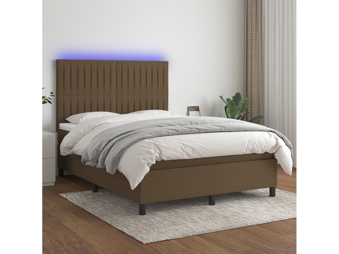 Cama Box Spring Colchón Luces Led Tela Marrón Oscuro 140x200cm