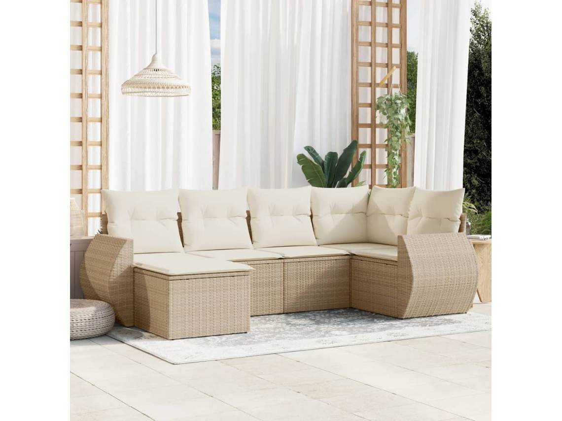 Conjunto de sofá de jardín de 6 piezas con cojines, mimbre sintético beige, Dkd Home Decor