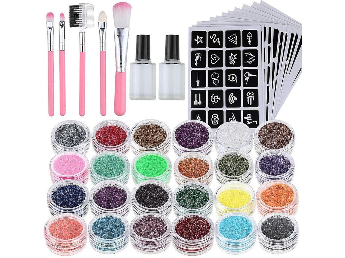 Kit De Tatuajes Con Purpurina Que Incluye 24 Tubos, 120 Plantillas, 2 Pegamentos Y 5 Pinceles Para Niños Y Adolescentes.