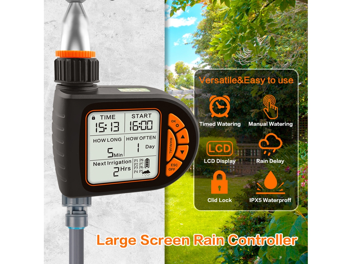 Controlador Inteligente de Irrigação com Tela Lcd para Jardim, Timer de Rega Automático com Detecção de Chuva e Trava Infantil