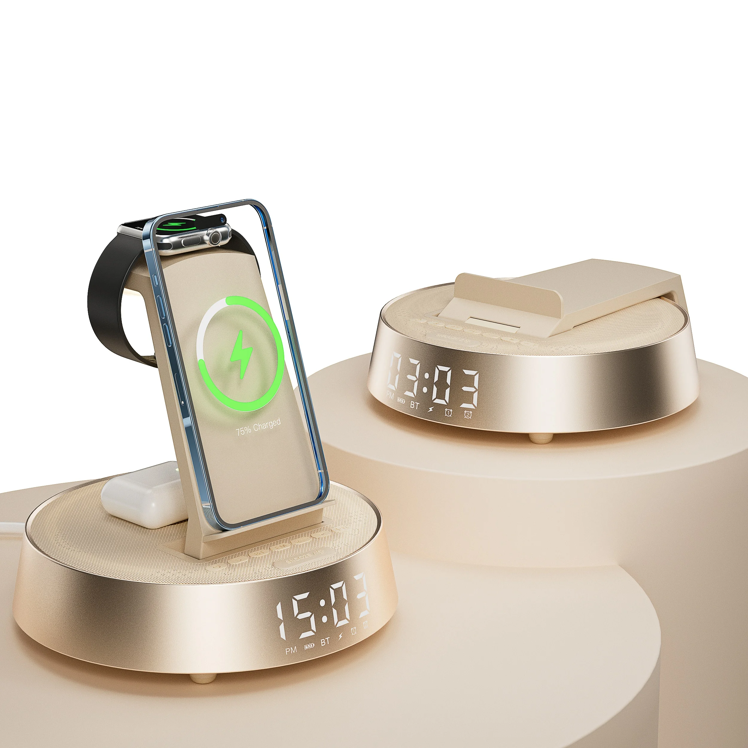 (oro) Reloj Despertador Inteligente Con Carga Inalámbrica, Altavoz Bluetooth, Radio Y Luz Regulable.