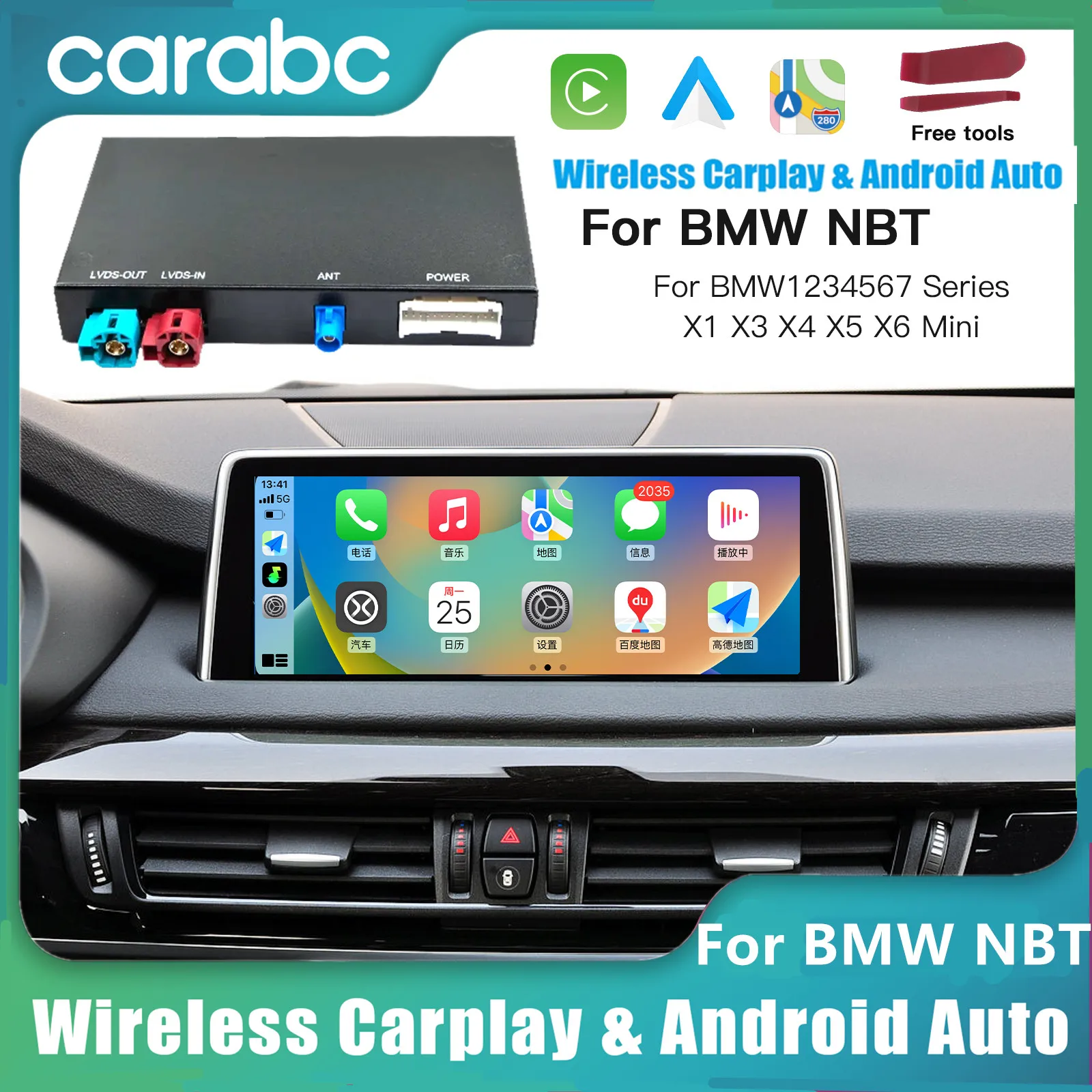 Carabc Wireless Carplay Android Auto para BMW F10 F11 X1 X3 X4 X5 F15 F25 F30 F31 F20 F21 Mini NBT System BMW-nbt-cx-01