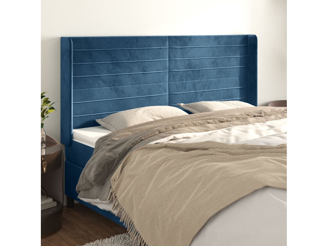 Cabecero Con Orejas De Terciopelo Azul Oscuro 203x16x118/128 Cm
