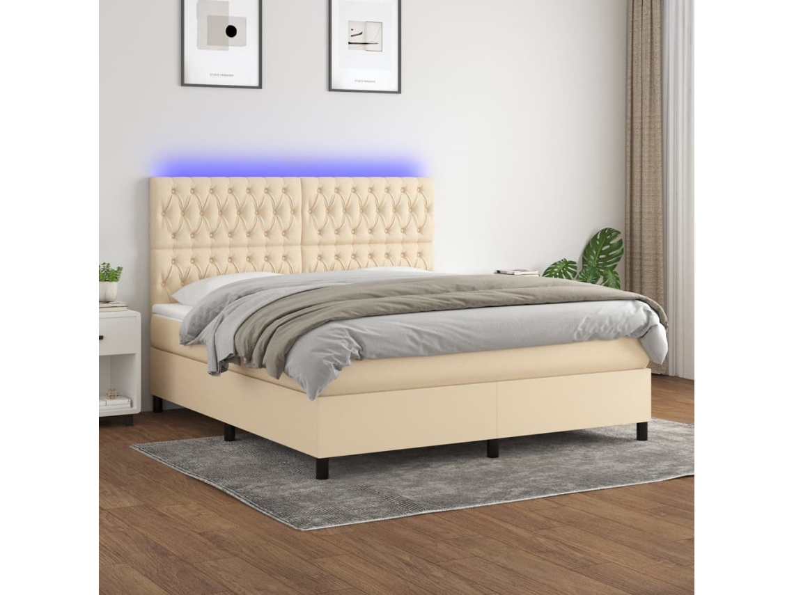 Cama Box Spring Colchón Y Luces Led Tela Crema 180x200 Cm