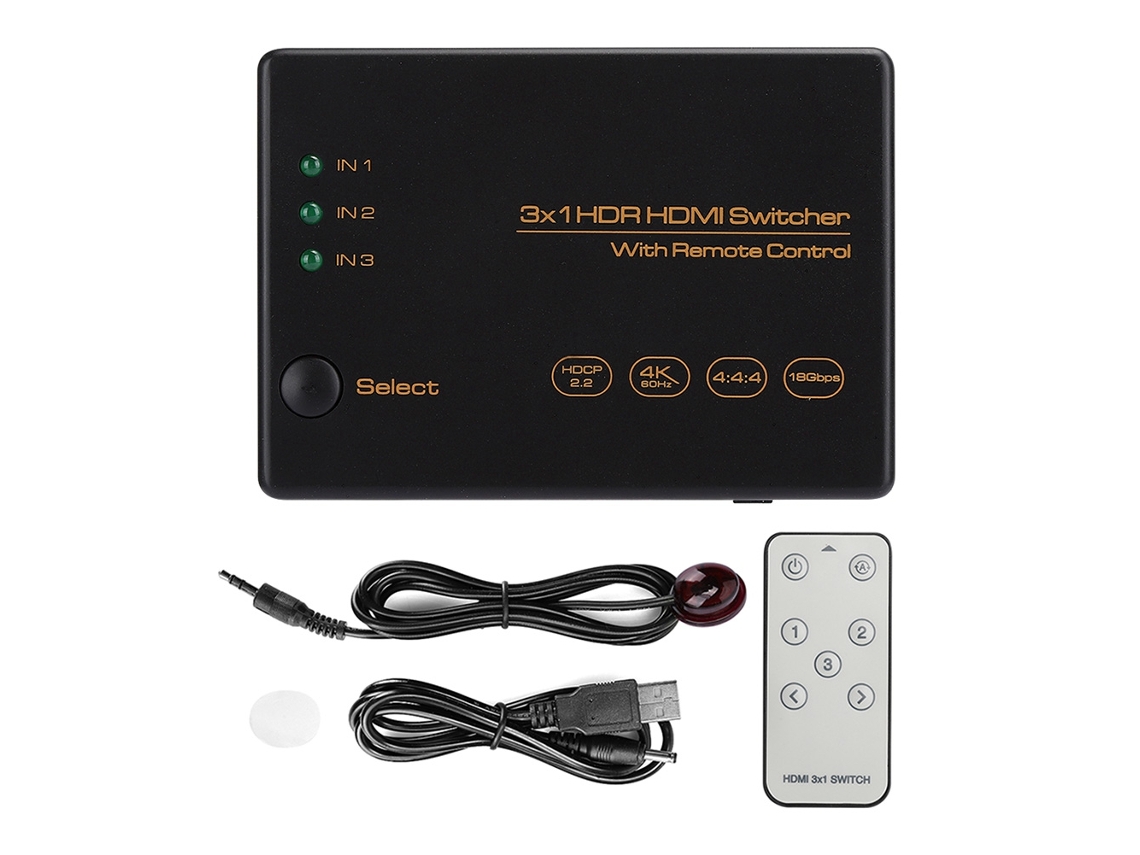 Conmutador Hdmi De 3 Puertos, Hdr 3 En 1 4k 60hz, Control Remoto, 3 Entradas, 1 Salida, Aluminio.