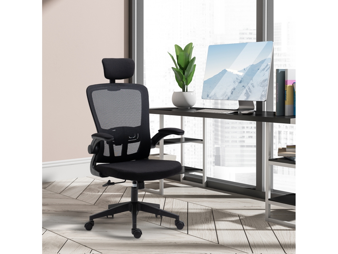 VPMKP - Silla de oficina Vinsetto Mesh, giratoria, altura ajustable, reposabrazos plegables, reposacabezas y soporte lumbar ajustable, 65x64x114-122 cm, negra