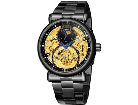 VEANXIN Relojes de pulsera automáticos de cuero y acero inoxidable con esqueleto-Acero inoxidable Oro negro